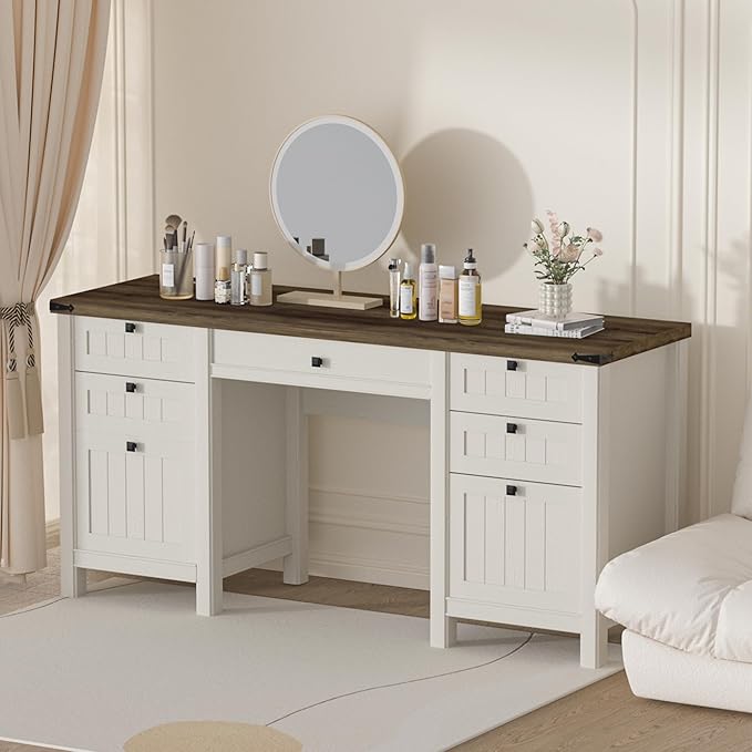 Executive Desk, Modern Farmhouse Computer Desk with Drawers & Cabinet, Home Office Desk for Work Study Writing Workspace (White, 62")