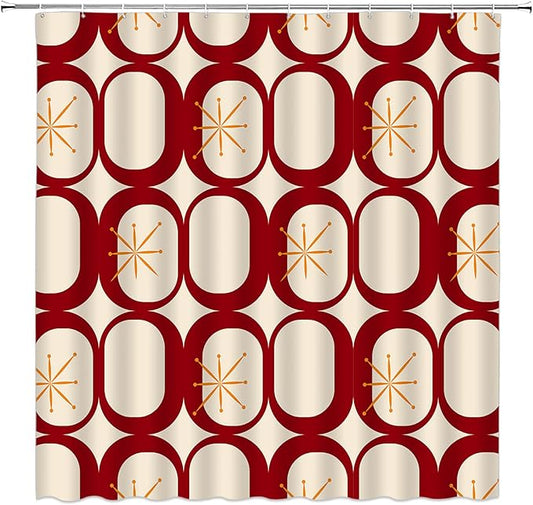Mid Century Shower Curtain Modern Abstract Atomic Starbursts Squares Retro 50s Geometric Bathroom Decor Polyester Curtains with Hooks