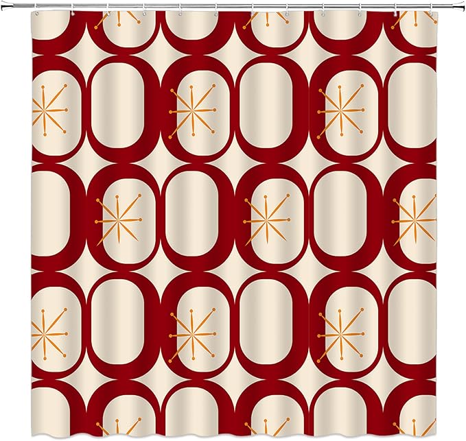 Mid Century Shower Curtain Modern Abstract Atomic Starbursts Squares Retro 50s Geometric Bathroom Decor Polyester Curtains with Hooks