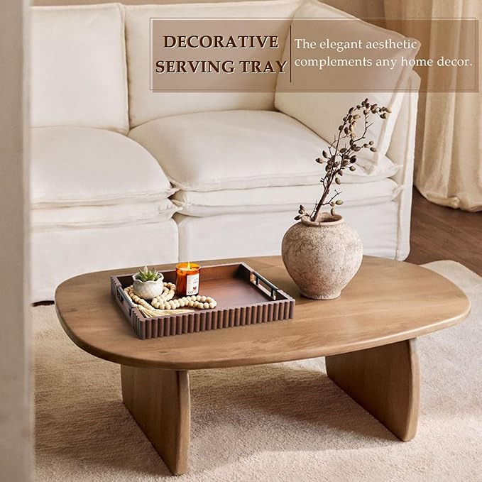 Acacia Wood Decorative Serving Tray with Handles, 16.7" x 12.8" Large Wooden Ottoman Tray for Living Room, Coffee Table Tray Decor for Food, Dinner, Tea or Breakfast in Bed (Walnut)