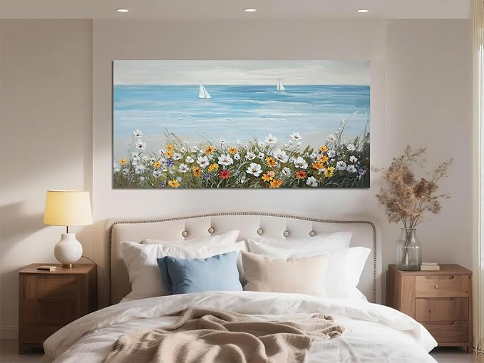 Ardemy Daisy Large Wall Art for Living Room, Floral Canvas Wall Art Ocean Flower Pictures Paintings Wall Decor Living Room Wildflower Artwork Dining Room Home Office Kitchen, 58"x29"
