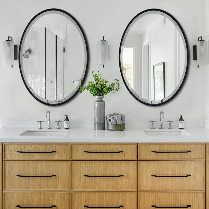 POZINO Oval Beveled Mirror, 24"x36" Bathroom Vanity Mirror for Over Sink, Matte Black Modern Oblong Wall Mirror for Living Room Entryway Bedroom Hallway Fireplace, Hangs Horizontal Or Vertical