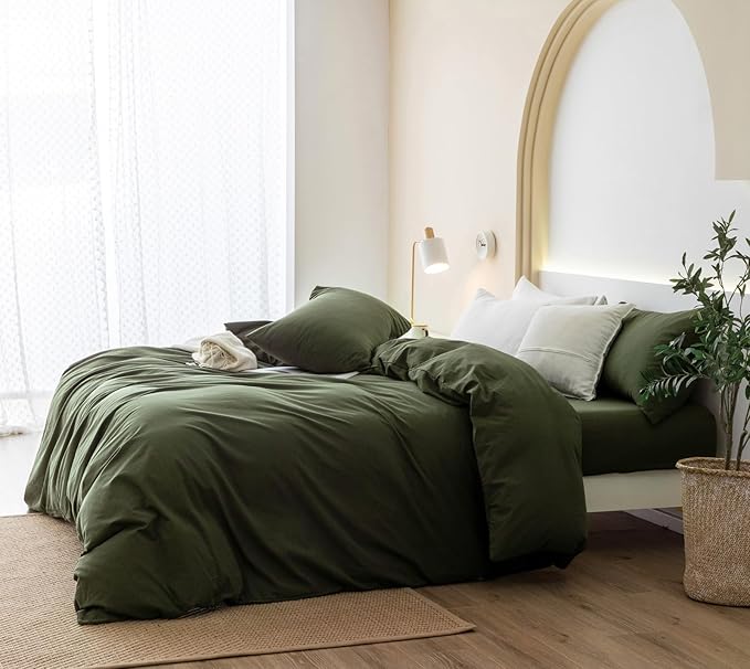 JIYUAN 100% Washed Cotton Duvet Cover Set 2 Pieces Twin, 1 Duvet Cover 68x90 Inches(Comforter Not Included) and 1 Pillowcases,Linen Feel Bedding Set Comfy and Breathable,Olive Green