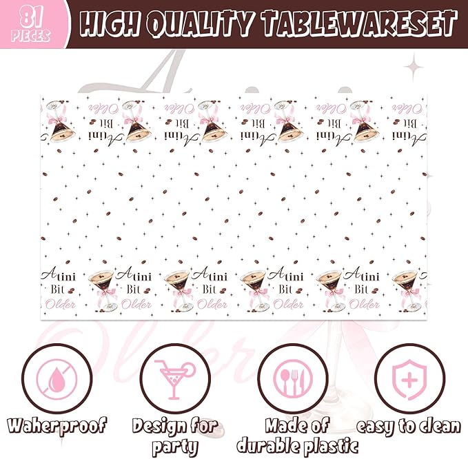 141pcs Espresso Martini Birthday Party Decorations A Tiny Bit Older Supplies Espresso Martini Plates Napkins Forks Knives Straws Tablecloth Cups for Women Martini Bachelorette Bridal Shower Supplies