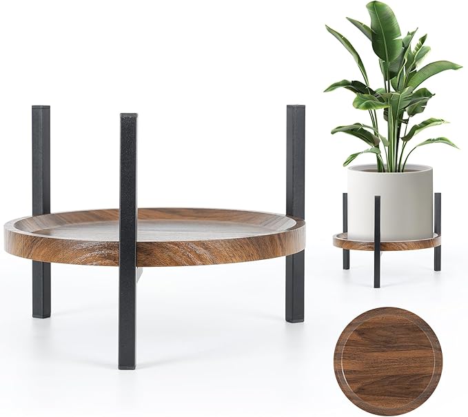 Plant Stand Indoor Adjustable with Walnut Wood Tray, Metal Modern Indoor Plant Stand, Heavy Duty Plant Stands Outdoor Corner, Stable Plant Holder, Fits 8 to 12 Inches Pots, Black, 1 Pack