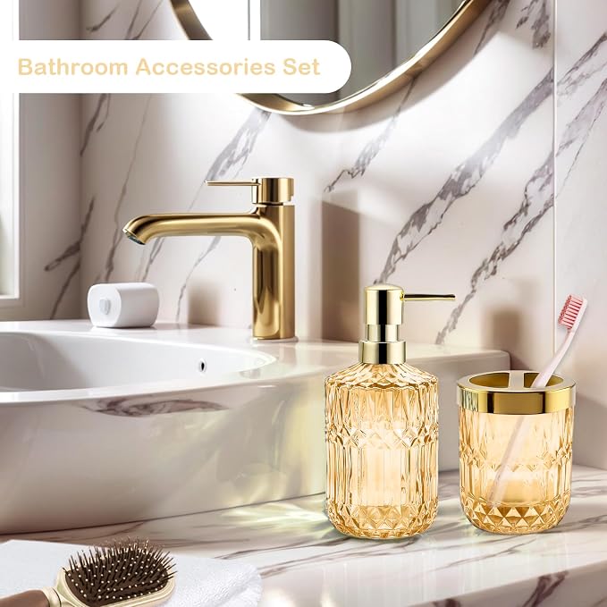 2Pcs Golden Bathroom Accessories Set, Glass Bathroom Accessories, Vintage Bathroom Countertop Decoration Includes Soap Dispenser, Toothbrush Holder