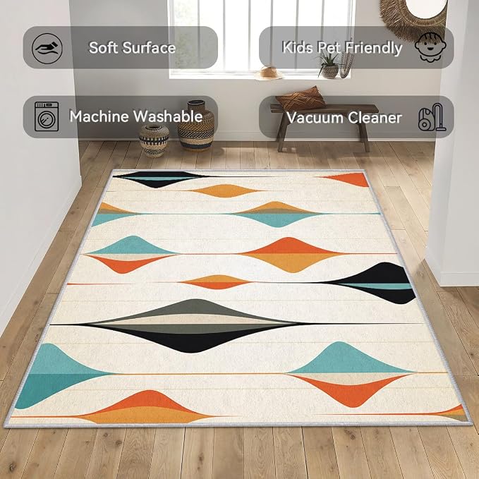 Mid Century Modern Rug 7x7, Washable Retro Geometric Rugs for Living Room Bedroom, Minimalist Area Rug for Home Decor, Non Slip Backing Floor Carpet with Gripper - 7 x 7 ft