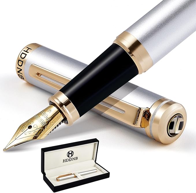 HDDNB Silver Luxury Fountain Pen Set for Men and Women with Gift Box, 24K Gold Finish and Gilded Nib(Medium) with 5 Black Ink Cartridges and Converter