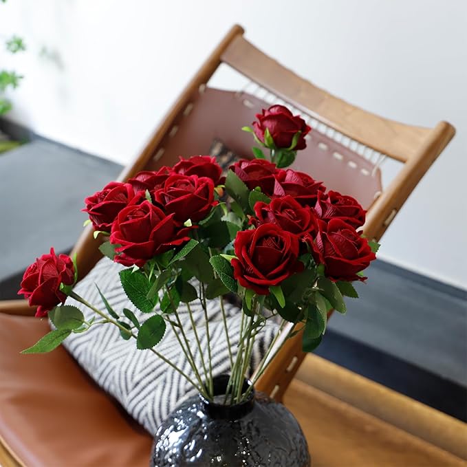12 Pcs Artificial Rose Flowers, Dark Red Silk Roses with Long Stems, Realistic Fake Roses for Wedding Centerpiece Party Home and Office DIY Decor