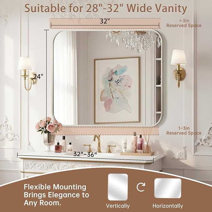 Brushed Nickel Mirror, 24"x32" Rectangle Bathroom Mirror, Metal Frame Rectangle Corner Vanity Mirror, Wall Mounted Mirror for Modern, Living Room, Bedroom, Horizontal Or Vertical