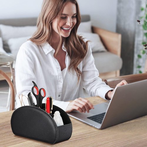 Fintie Remote Control Holder - 5-Compartment Vegan Leather Organizer for TV Remotes & Office Supplies | Black