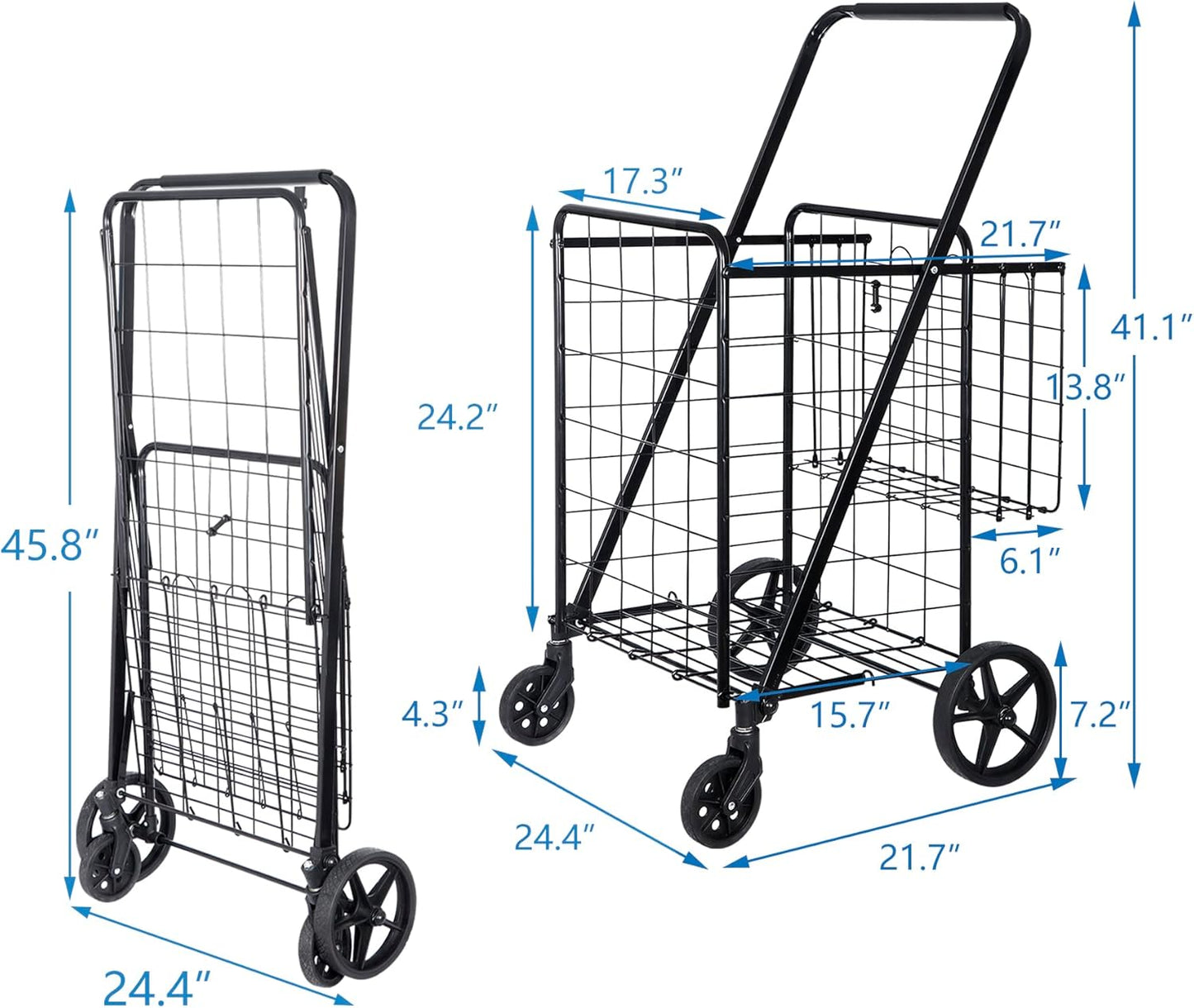SUPER DEAL Folding Shopping Cart - Durable Wheels & Double Basket for Groceries, Black