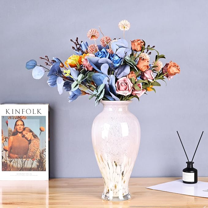 11.8" Tall Pink Glass Vase Beautiful Hand Blown Glass Vase Modern Art Home Decor, Wide Mouth Colorful Vases for Mantle Dining Table Centerpiece, Entryway Living Room Wedding Decoration