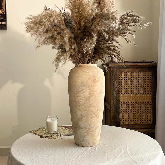 15 Inch Farmhouse Decor Ceramic Rustic Vase,Beige Handmade Flower Vases for Centerpieces,Pottery Vase for Living Room,Kitchen & Bedroom Decor,Vintage Ceramic Vases for Wedding