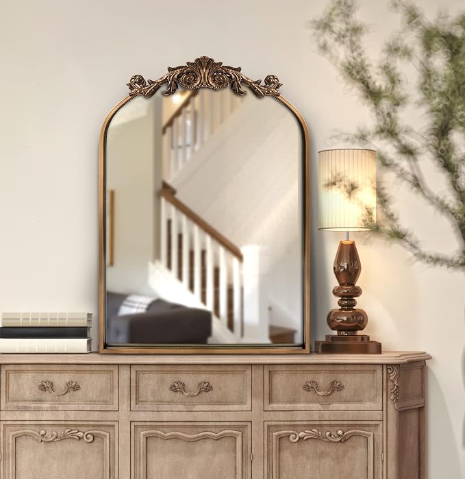 OUSHUAI Gold Traditional Vintage Ornate Baroque Mirror,Gold Brass Mirror for Wall,Victorian Antique Bronze Mirrors Arched for Bathroom/Living Room/Hallway/Fireplace 19"X27"