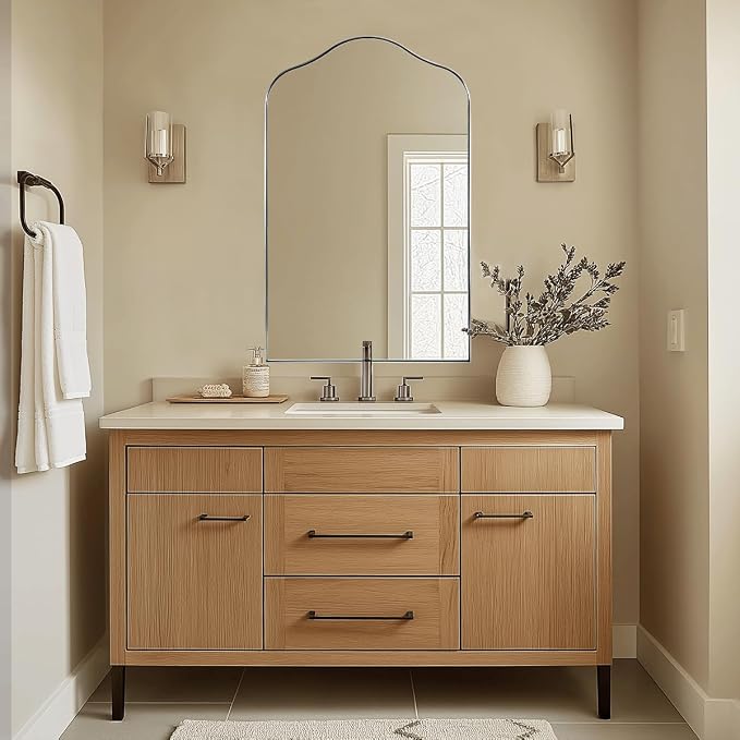 ANDY STAR Scalloped Arched Mirror, 24x36 Brushed Nickel Irregular Bathroom Mirror for Vanity, Asymmetrical Curved, Silver Rustproof Stainless Steel Frame, for Over Sink, Bedroom, Mantel, Fireplace
