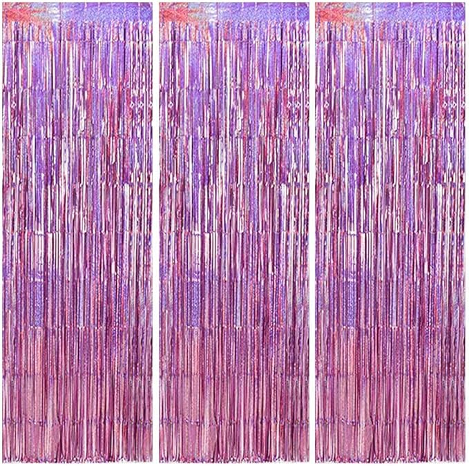 TONIFUL 3Pcs Laser Light Pink Door Streamers,Laser Pink Photo Booth Backdrop Metallic Streamers Pink Foil Fringe Curtains for Birthday,Christmas,New Year,Bachelorette,Grad Party(9.9ft x 6.6ft)