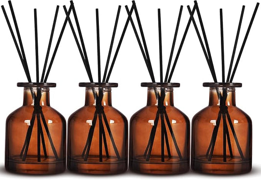 4 Pack Perfume Reed Diffuser Bottle,Empty Big Belly Aromatherapy Essential Oil Bottles Glass Jar with Black Sticks for DIY Fragrance Replacement Diffuser Sets (150ml/ 5 oz, Dark Brown Color)