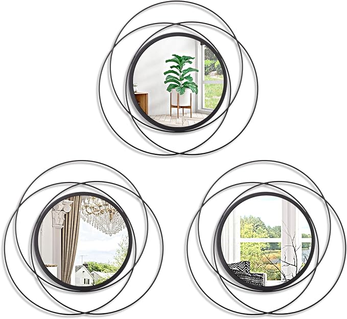 Black 3 Pcs Decorative Wall Mirror Circle Modern Mirror Round Art Ring Metal Mirrors Wall Decor Wall Mounted Mirror for Living Room Bedroom Dining Room Hallway Entryway 12"