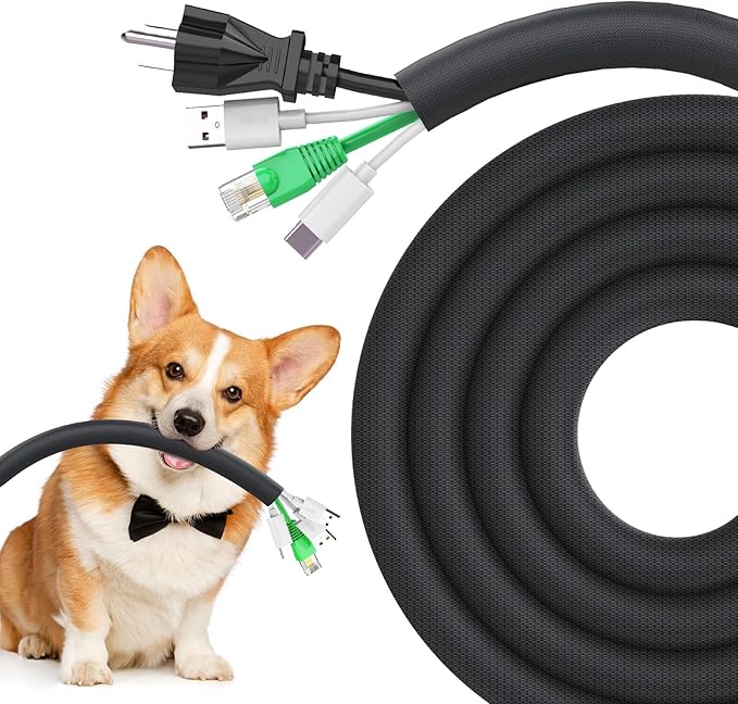 UOMTFAI Dog Cat Cord Protector 10ft - 1/2inch, Flexible Cable Sleeve for Easy Cord Management, Protects Cables from Pets Chewing, Ideal for USB, Power, Audio and Video Cords - Black