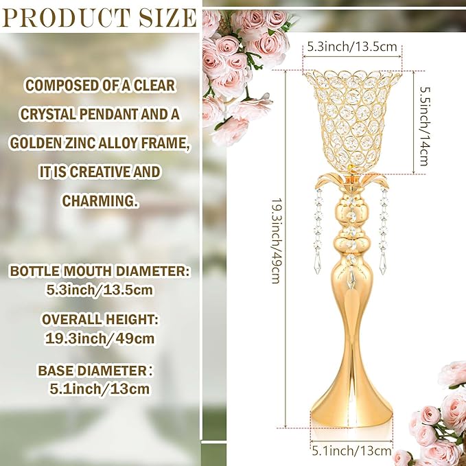2Pcs Gold Crystal Metal Vase Set - Tulip & Trumpet Wedding Centerpieces, Artificial Flower Arrangement Vases for Home Decor, Restaurant Table Displays
