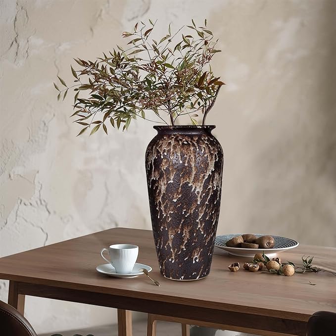 Ceramic Rustic Floor Vase, 12" Large Farmhouse Flower Vase for Home Decor, Vintage Vase Decor for Living Room Centerpieces,Office,Housewarming,Wedding