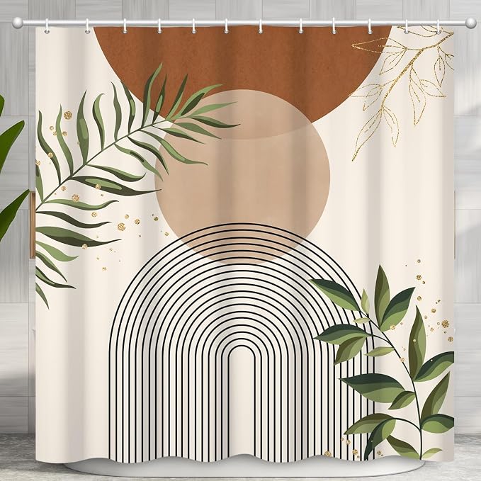 Boho Mid Century Shower Curtain, Brown Modern Minimalist Abstract Geometric Green Gold Plant Leaves Sun Arch Bathroom Curtains Waterproof Fabric Buthtub Curtain Set with Hooks 60" Wx72 L