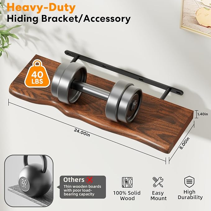 Solid Wood Live Edge Floating Shelves Set of 2 – 24" Rustic Wall Shelf with Hidden Bracket System, Wall Mounted Shelves for Bathroom, Kitchen, Living Room, Bedroom (Glazed Walnut)