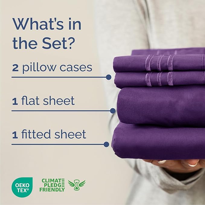 Queen Size 4 Piece Sheet Set - Comfy Breathable & Cooling Bed Sheets Set - Hotel Luxury Bedding for Women, Men, Kids, Teens, Boys & Girls - Deep Pockets, Ultra-Soft, Wrinkle Free - Oeko-Tex - Purple