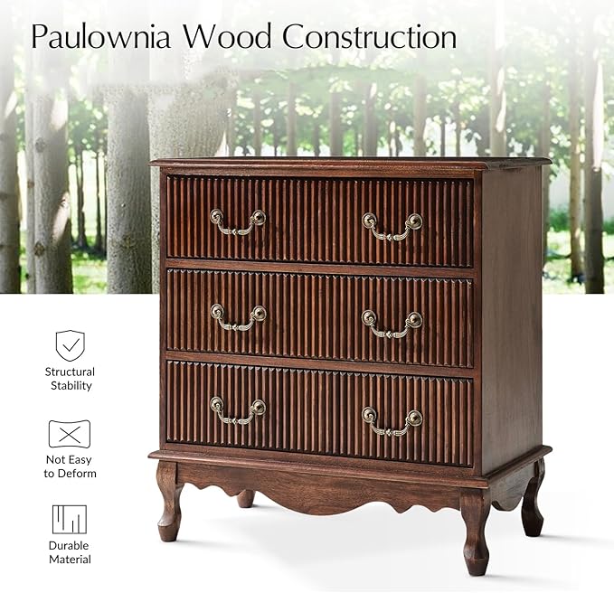 HULALA HOME Transitional Side Table Set of 2 with 3 Drawers and Charging Station, 28" Solid Paulownia Wood Sidetable with Vertical Stripe, Walnut