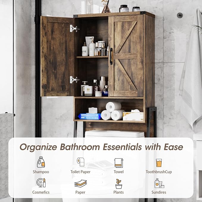 Vabches Over The Toilet Storage Cabinet with 2-Door Design Bathroom Organizers and Storage with Anti-Tip Device Over Toilet Organizer with Shelves for Bathroom,Restroom,Laundry Brown
