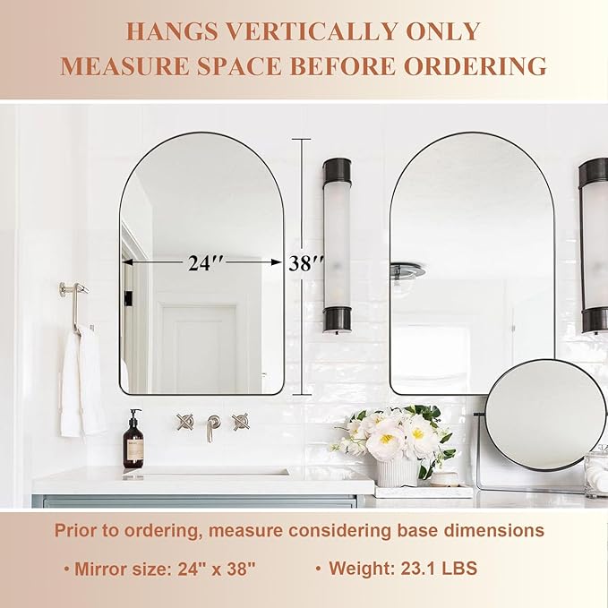 ANDY STAR Arched Wall Mirror, 24 x 38 Inch Brushed Nickle Bathroom Mirror in Stainless Steel Metal Frame, Arch Top Rounded Corner 1 Inch Deep Set Design Wall Mount Hangs Vertical