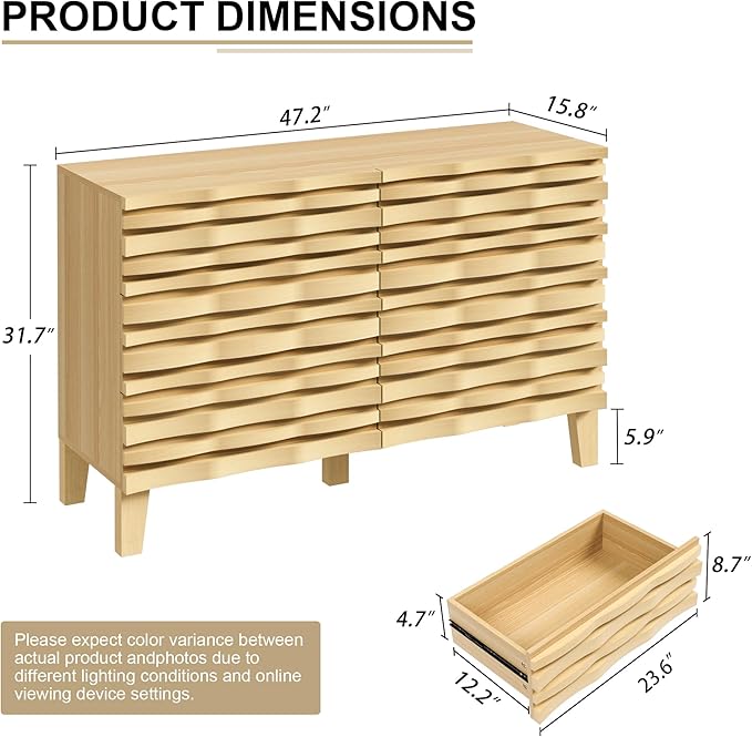 UEV Solid Wood 6 Drawer Dresser for Bedroom, Mid-Century Modern Chest of Drawers with Handmade Rhythmic Arc Line, Boho Style Fluted Dresser for Living Room, Entryway (Ivory White)