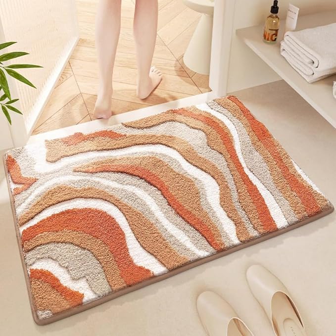 Ankah Luxurious Nordic Bathroom Rug, Extra Soft Fluffy Bath Mat, Absorbent, Non-Slip, Easy to Care and Fast Drying, Modern Style Marble Pattern Shower Rug, Home Decor Accessories, 17.3"x29.9", Rufous