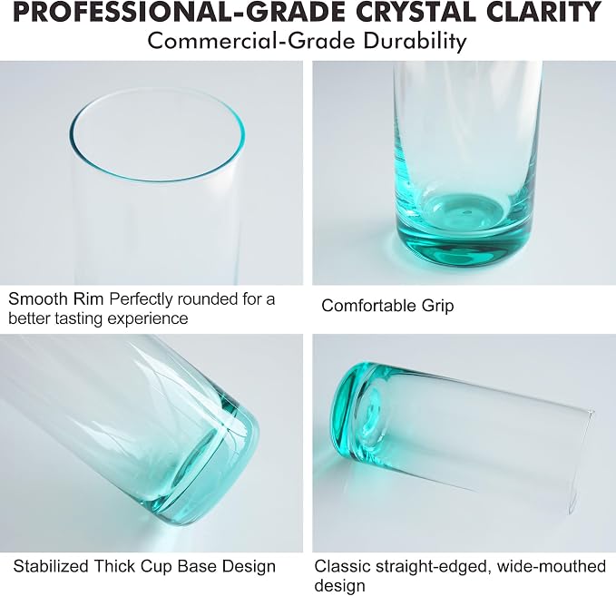 Green Highball Glasses Set of 6,13oz Drinking Glass Cups for Mixed Drink Cocktail, Beer, Mojito, Water and Juice,Thick Tall Crystal Glassware for Kitchen, Restaurant, Home Bar and Parties
