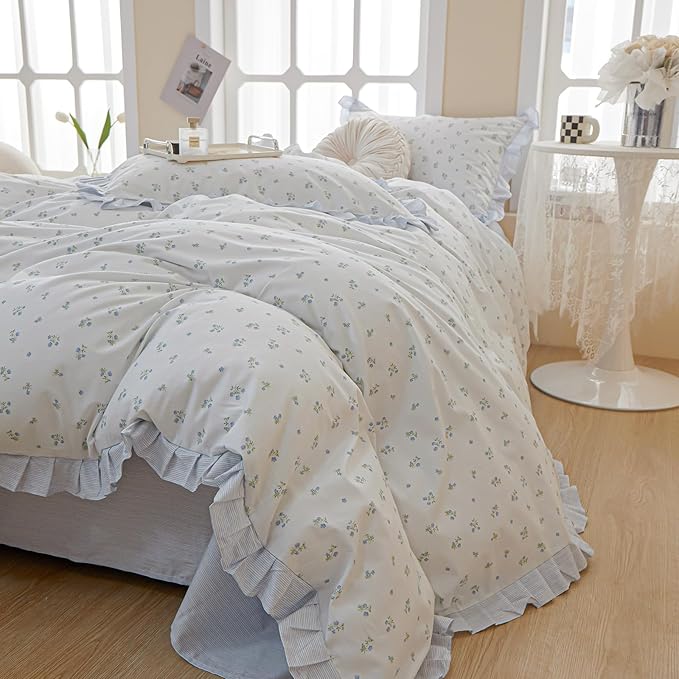 LifeTB Floral Lace Duvet Cover Queen Cute Blue Flower Duvet Cover Romantic Ruffle Comforter Cover Vintage Princess Lace Beddding Cover Botanical Floral Comforter Cover Cottagecore Bedding Set Queen