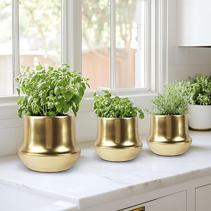 Gold Ceramic Planter Indoor Flower Pots Modern Decorative Large Plant Pot 7.1 inch Gold Brass Planter for All House Plants,Succulents,Flowers and Cactus