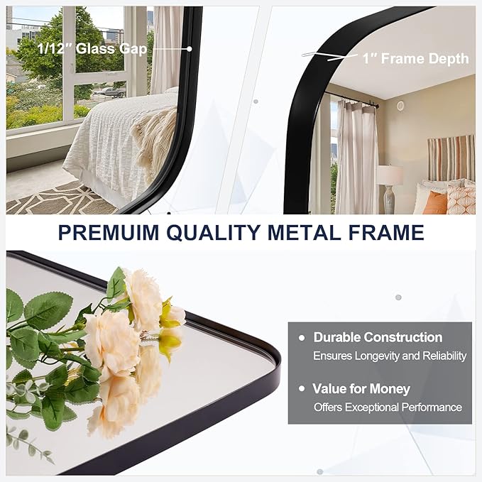 ANDY STAR 24x30 Black Bathroom Mirror, Oblong Vanity Mirror with Stainless Steel Metal Frame, Matte Black Mirror for Over Sink, Modern Anti Rust Wall Mounted