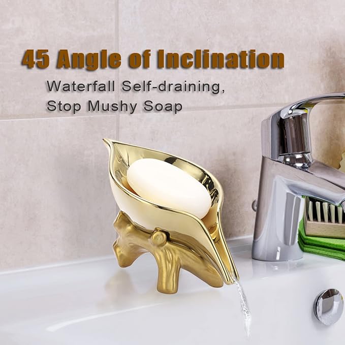 JUXYES Ceramic Soap Dish Holder Self Draining, Unique Waterfall Soap Dish Leaf Shape Decorative Soap Dish Tray Tabletop Drainable Soap Saver Bathtub Waterfall Soap Dish Holder for Bathroom Shower