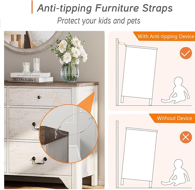 WAMPAT Farmhouse 6 Drawer Dresser for Bedroom, 47.2" White Dresser with Large Storage Drawers and Metal Handle, Wide Chest of Drawers with Solid Wood Legs, Wood Dressers for Bedroom, Closet, Hallway