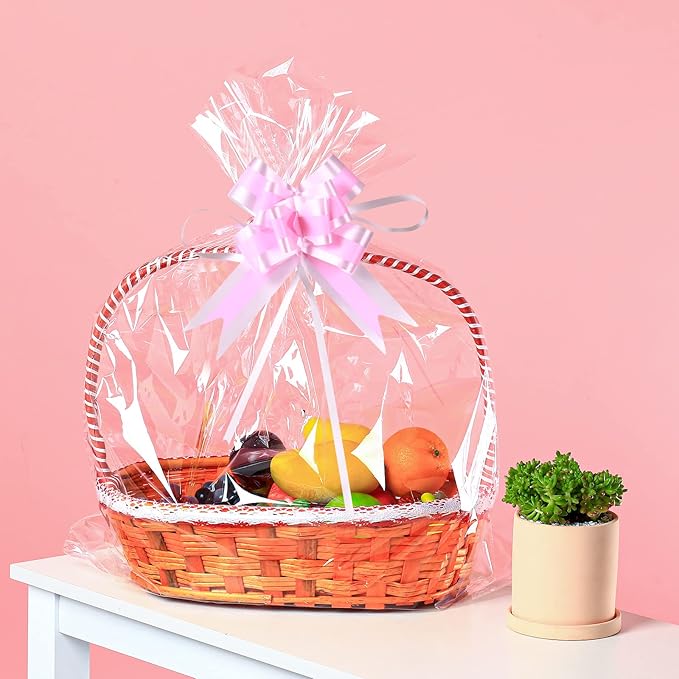 50 Packs 32 x 40 Inches Extra-large Inches Cellophane Bags for Basket Jumbo Clear Cellophane Wraps Clear Huge Cello Bags for Baskets, Gifts, Christmas Trees, Treats, Arts and Crafts, 50ct Ribbon Bows