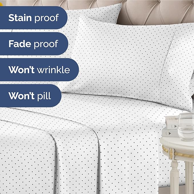 Blue Polka Dots Bed Sheet Set – 1 Flat & 1 Fitted Sheet & 1 Pillowcase w/ Deep Pockets – Polka Dot Bedding - Wrinkle & Fade Resistant - Soft, Breathable & Cooling - Comfy, Luxury Bed Set - Twin XLSize