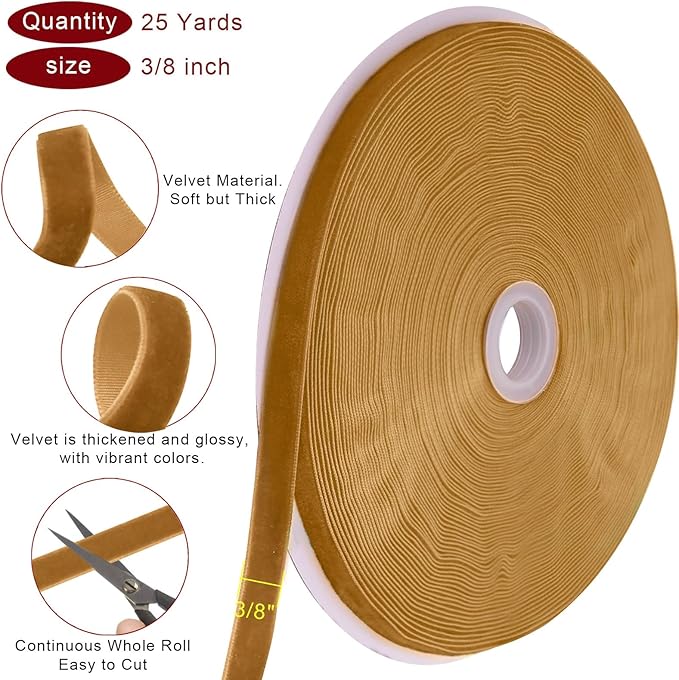 25 Yards Khaki Velvet Ribbon for Christmas Tree,3/8 Inch Velvet Christmas Ribbon for Gift Wrapping Crafts Bow Wreath Holiday Decorations (Khaki)