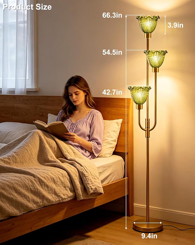 Lightdot 3-Lights Glass Floor Lamp 66IN Modern Gold Dimmable Floor Lamps with 3000K Warm White Bulbs for Wedding Party Tall Standing Lamp with Green Glass Shade for Living Room/Bedroom/Home Decor