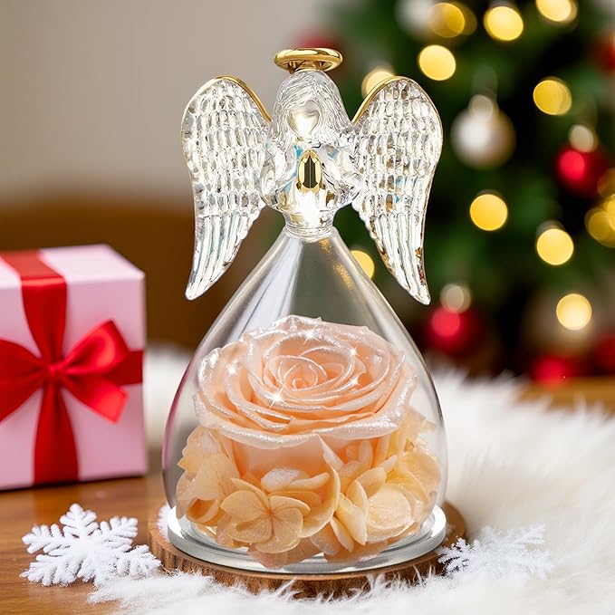 Yamonic Mom Birthday Gifts for Mom,Angel Figurines with Real Rose Gifts for Her Women Grandma, Preserved Flowers Rose Angel Figurines for Mothers Day Christmas Anniversary Wife Gifts(Pearl Champagne)