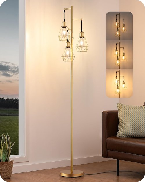 EDISHINE 70'' Dimmable Industrial Floor Lamp - Rustic Diamond-Shaped Shade | 3 LED Edison Bulbs Included, Gold