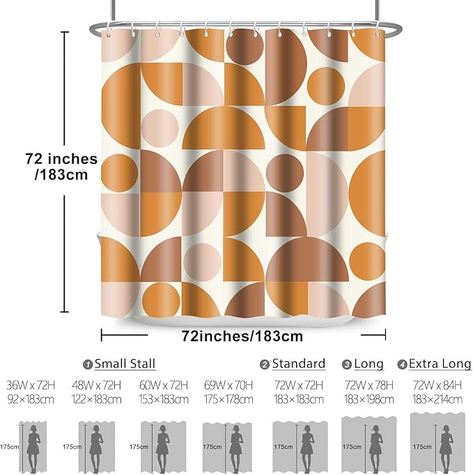 Vintage Orange and Beige Mid Century Modern Shower Curtain Boho Abstract Geometric Art Shower Curtains for Bathroom Decor 72x72 Inch Colorful Unique Pattern Washable Fabric Bathroom Set with 12 Hooks