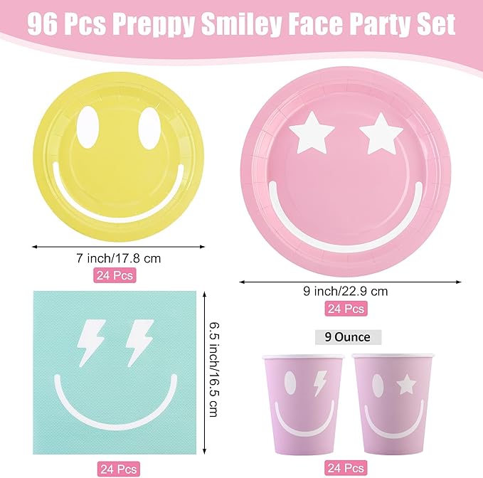 96 Piece Preppy Smiley Face Party Paper Plates Preppy Smile Face Party Decorations Preppy Tableware Set Paper Smile Face Plates Cups Napkins Cutlery Serve 24 Guest for Birthday or Baby Shower