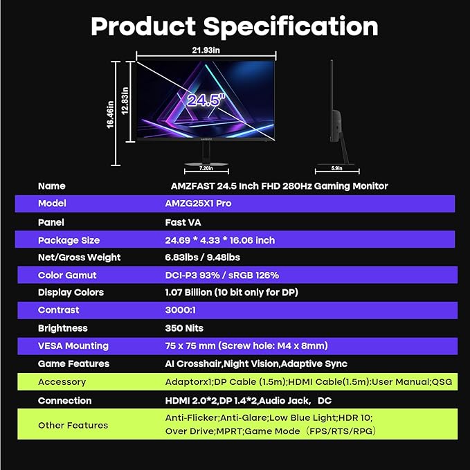 Amzfast 24.5 Inch FHD 280Hz/240Hz Gaming Monitor, 1ms Adaptive Sync, 3000:1, 10 Bit, 126% sRGB, 2*HDMI 2.0 & 2* DP1.4, TÜV Rheinland Eye Care,2 Year Warranty Exchange (HDMI & DP Dual Cable)
