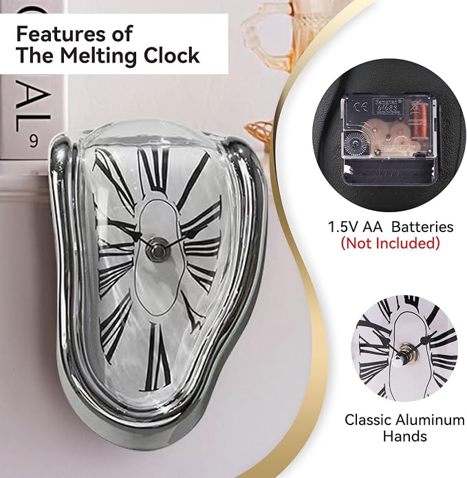 Melting Shelf Clock Art Decor - Salvador Dali Surreal Dripping, 8x4 in Bright Silver Polished Shelf & Desk Gift